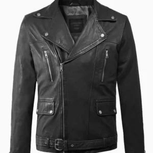 Black Rover Moto Leather Jacket Asymmetrical Zipper & Classic Lapel Collar (2)