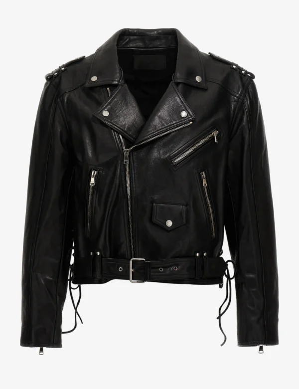 Shadow Raider Cropped Moto Leather Jacket Black Lace Up Detailing, Edgy Biker Style (1)