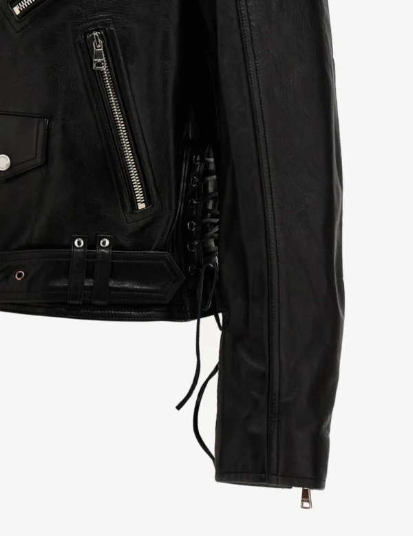 Shadow Raider Cropped Moto Leather Jacket Black Lace Up Detailing, Edgy Biker Style (3)