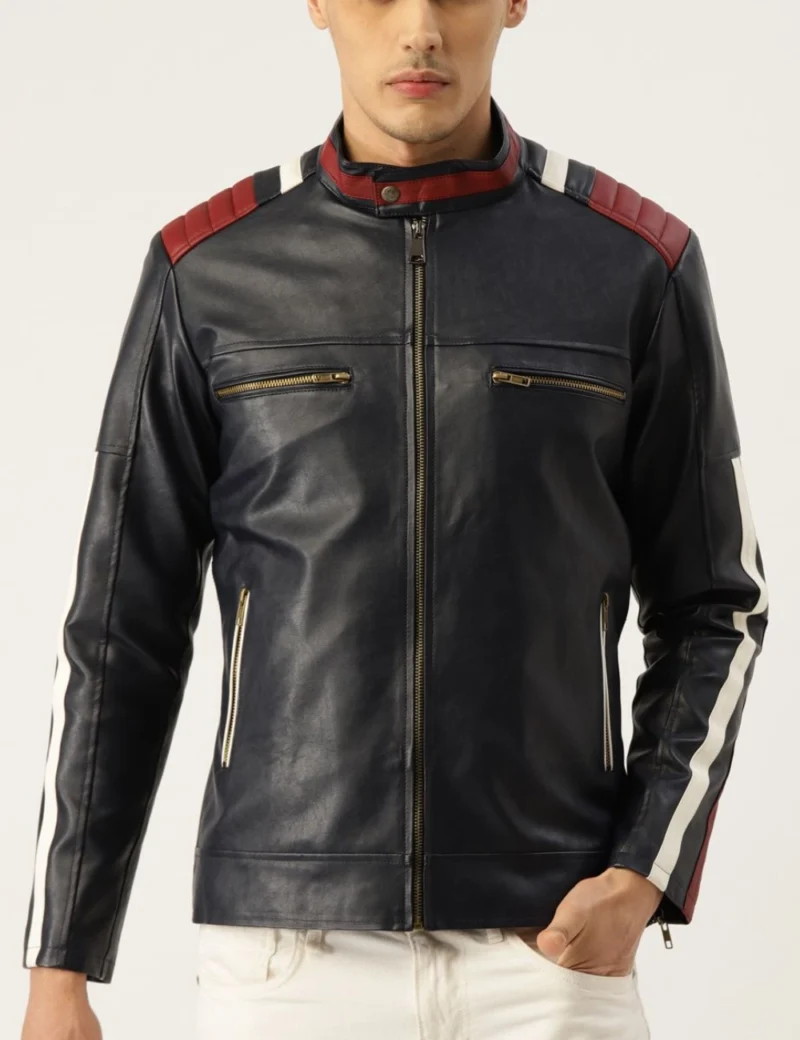 Ridge Borne WhiteMahroon Striped Café Racer Leather Jacket Racing Stripes & Tailored Moto Fit (3)