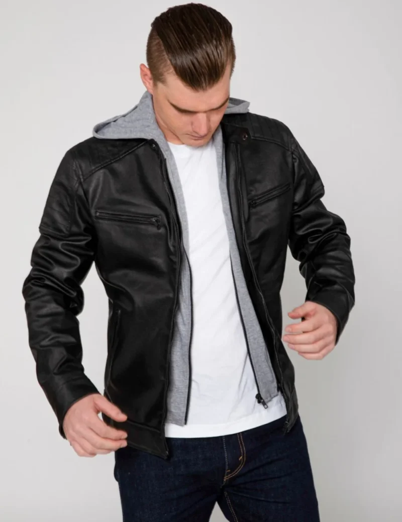 Urban Torque Hooded Moto Jacket Removable Hoodie & Quilted Lining in Genuine Leather (1)